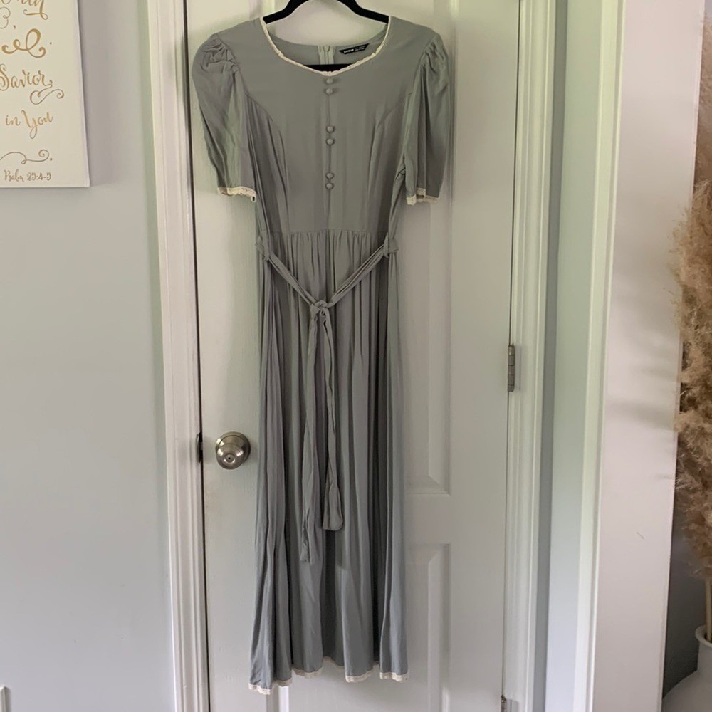 SHEIN Sage Green Lace Trim Puff Sleeve Cottagecore Maxi Dress Size M US 6